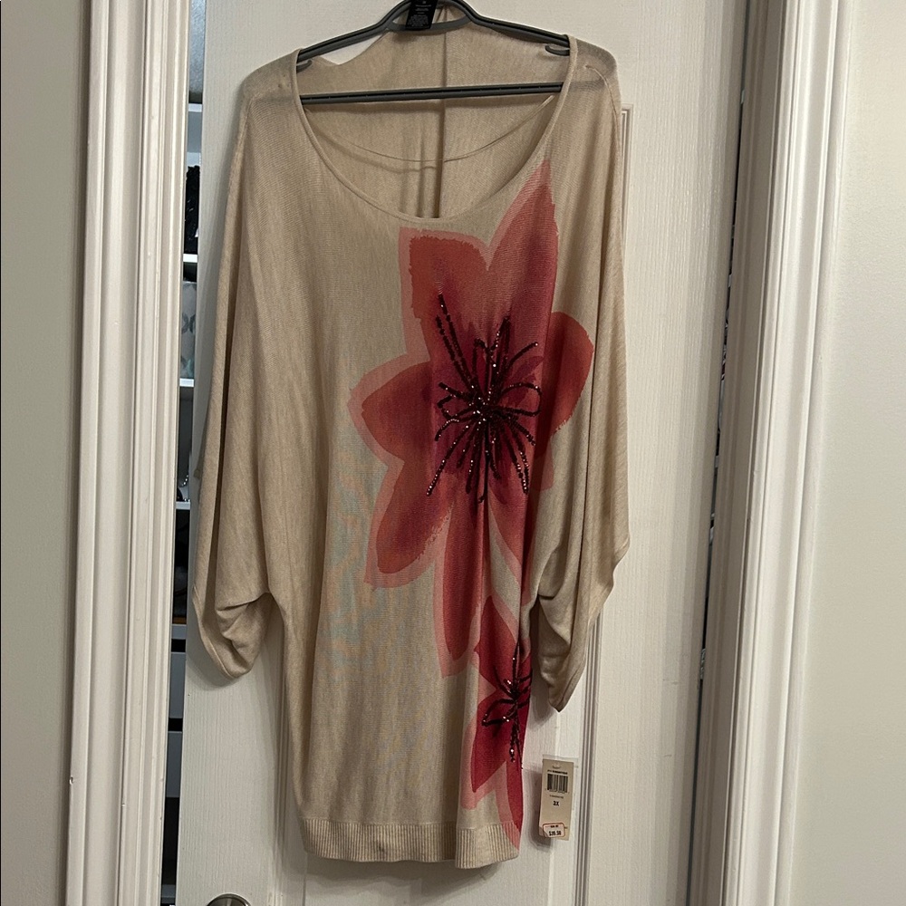 INC Beige and Red Floral Women's Top 3x